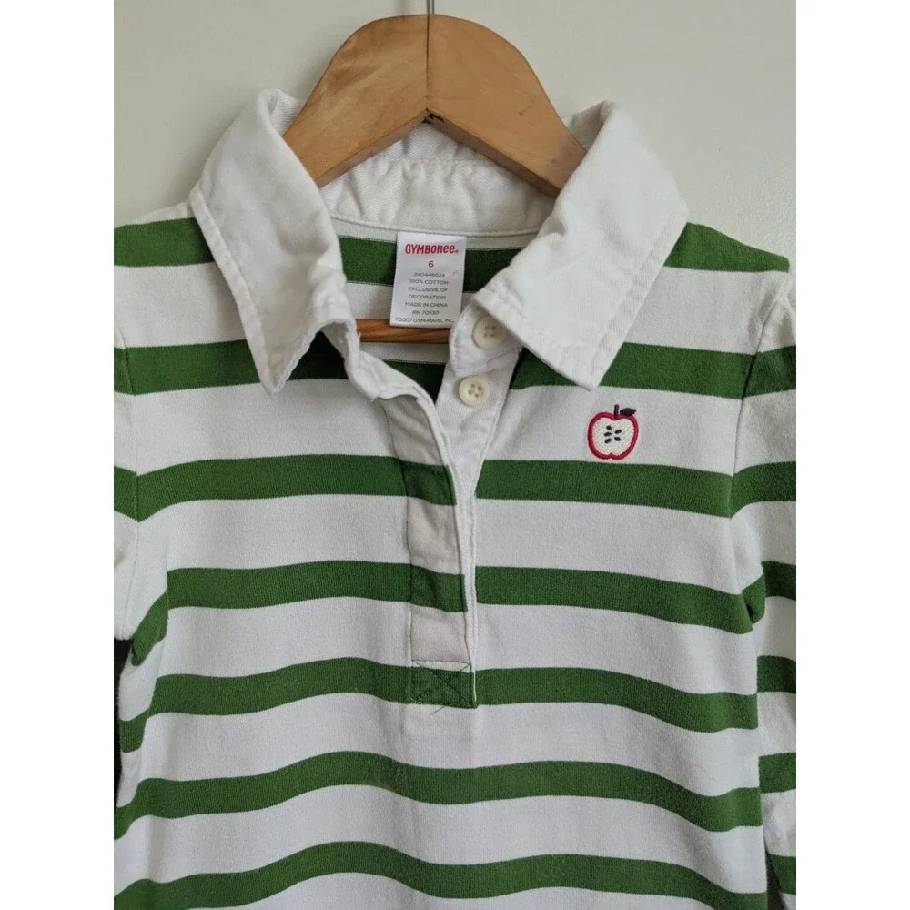 Y2K Gymboree Girls 6 Green Stripe Dress Scooter Rugby Prep School Apple Applique